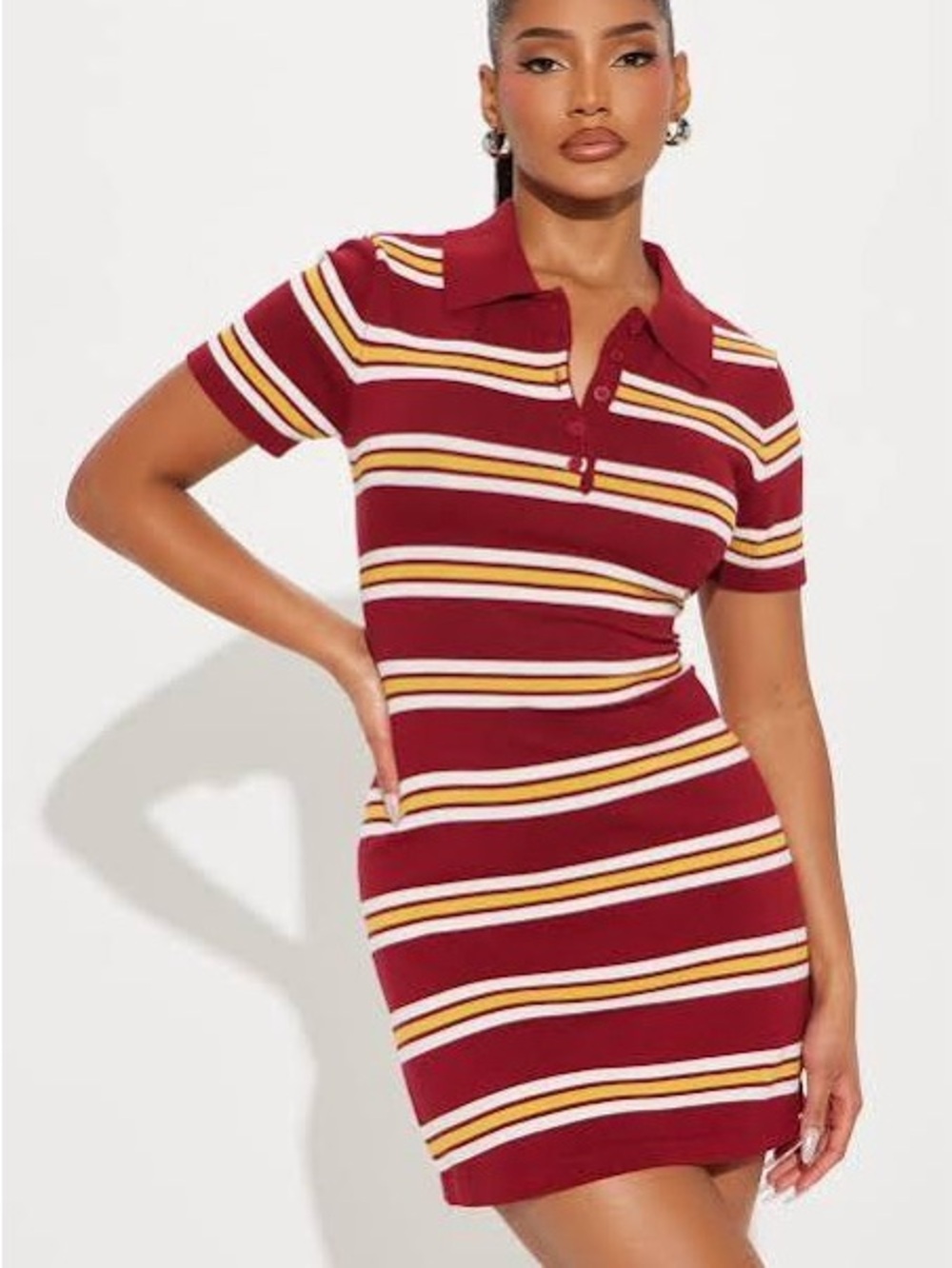 Striped Polo Mini Dress in Burgundy and White
